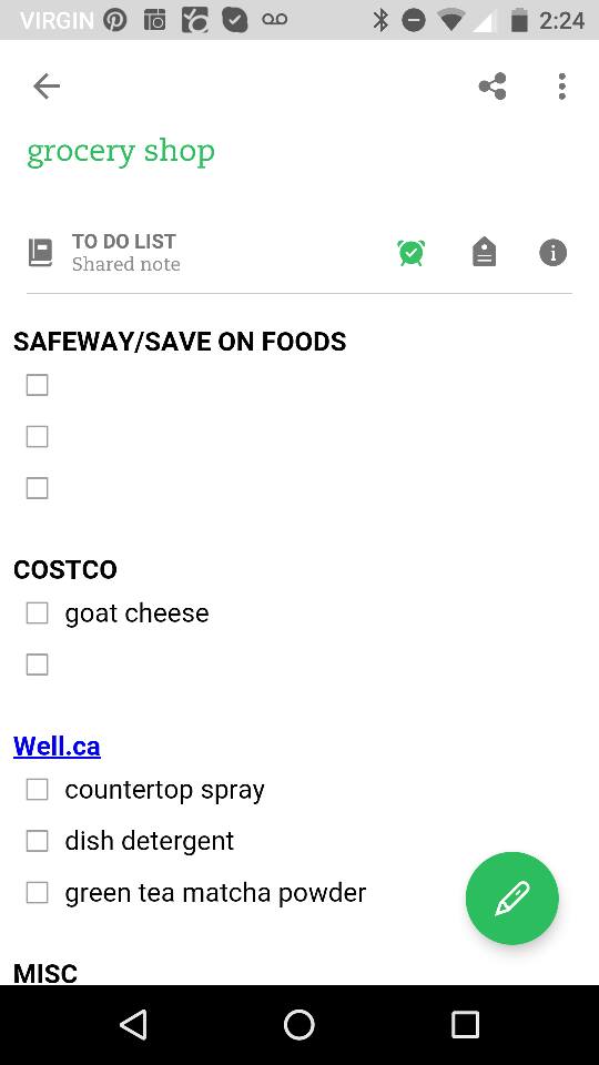 My grocery list on the mobile app.